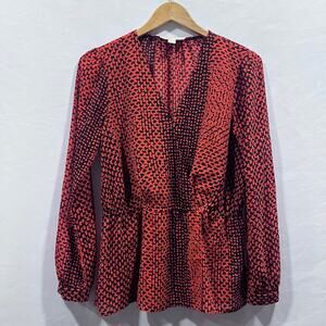 Michael Kors Kobe Print V-Neck‎ Long Sleeve Peplum Blouse S Orange Black Career
